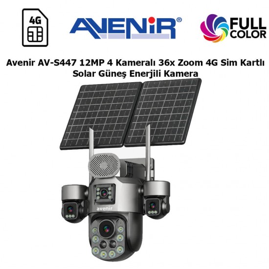 Avenir AV-S447 12MP 4 Kameralı 36x Zoom 4G Sim Kartlı Solar Güneş Enerjili Kamera | E-Sim avenir-av-s447-12mp-4-kamerali-36x-optik-zoom-4g-sim-kartli-solar-gunes-enerjili-kamera-esim